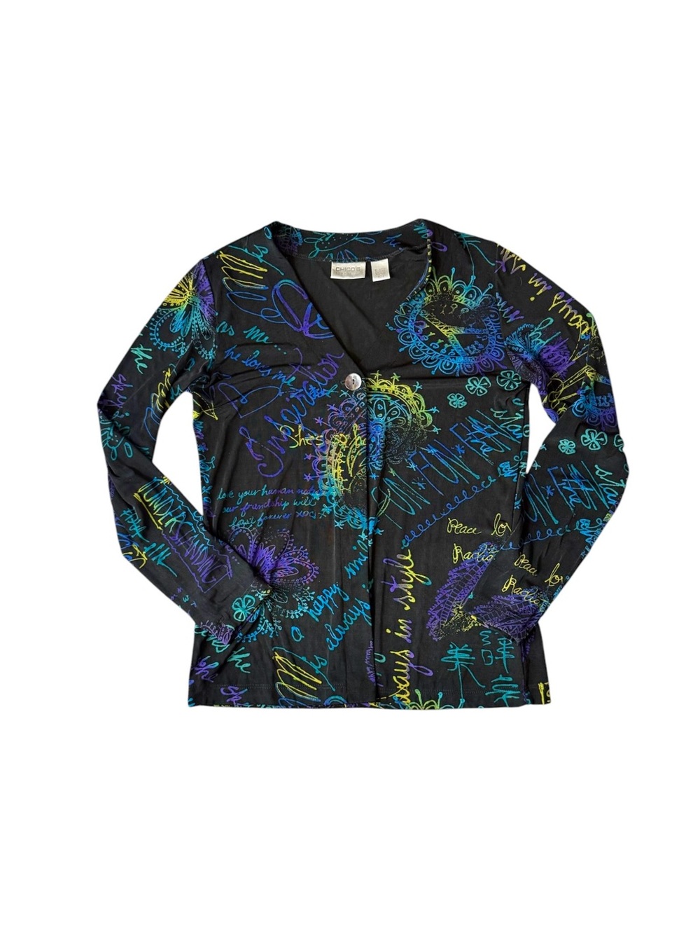 Chico's Travelers Black Peace Love Happiness Cardigan Jacket Top Wearable Art - Picture 5 of 10